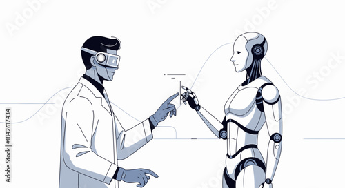 Futuristic collaboration: Human researcher interacts with advanced robot in virtual space