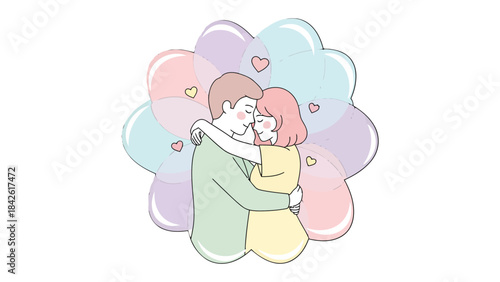Embracing Affection: A tender illustration depicts a couple locked in an embrace, their connection symbolized by a halo of soft, pastel hues, echoing a story of love and tenderness.