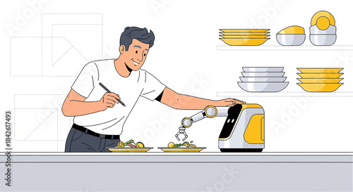 Futuristic culinary experience with robotic chef and human interaction in modern kitchen