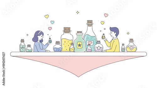 Potion Makers: A man and woman, surrounded by a captivating array of potions in diverse shapes and colors, engage in their craft, conjuring magic in their lab. 