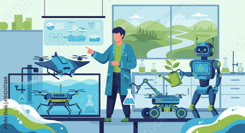 Futuristic environmental science lab featuring robots drones and scientist conducting aquatic