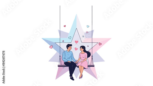 Love's Serenade: A tender couple on a swing suspended before a celestial star, embodying a shared moment of serenity and romantic bliss.