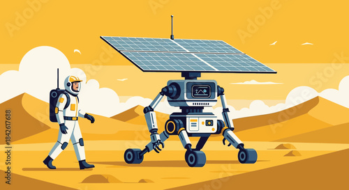 Futuristic exploration concept featuring an astronaut and a robot rover in a desert landscape