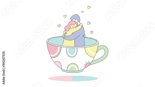 Cuddle in Cup: A tender embrace of a couple is nestled inside a decorated cup. Illustrating a warm sentiment of love and affection. 