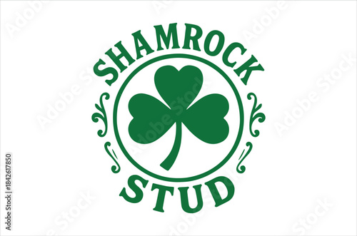 A vibrant green shamrock design encircled by text incorporating the words shamrock and stud presented on a white background