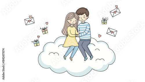 Cloud of Love: Embracing the purity of affection, a couple is seated tenderly atop a fluffy cloud, enveloped by floating love letters and gifts, symbolizing the gentle bliss of shared feelings.