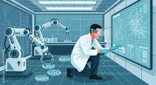 Futuristic laboratory setting with scientist, robots and advanced technology display for research