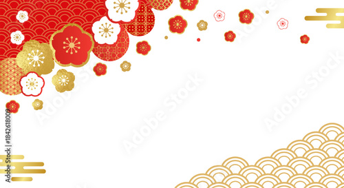 This traditional Chinese New Year banner design features red and gold floral patterns adorned with wave motifs, making it ideal for invitations, packaging, or festival posters.
