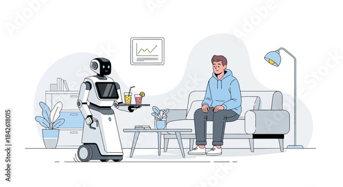 Futuristic lifestyle scene showcasing a man being served drinks by a humanoid robot butler