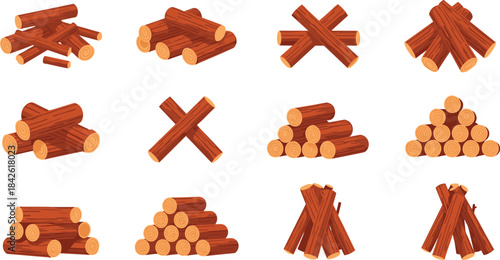 Stacked firewood logs collection, wooden timber piles in various arrangements, campfire wood set, lumber illustration for camping, forestry, rustic design projects
