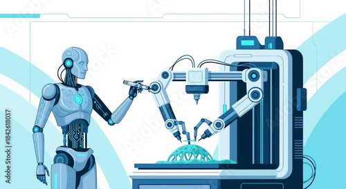 Futuristic manufacturing: Humanoid robot performing complex tasks with a sophisticated 3D printer
