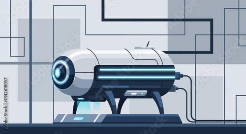 Futuristic medical pod with glowing lights against complex network background