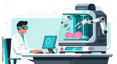Futuristic medical research laboratory utilizing advanced technology for tissue engineering and