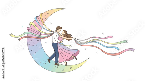 Dreamy Moonlit Dance: A couple dances intimately on a crescent moon, enveloped in pastel ribbons, painting a scene of romance.