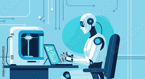Futuristic robot operating a 3D printer with a laptop, innovating in a digital world