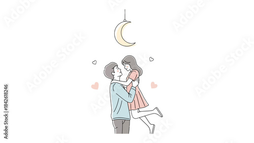 Eternal Embrace: A tender moment of connection under a softly glowing crescent moon, two figures lost in a timeless display of affection and intimacy.