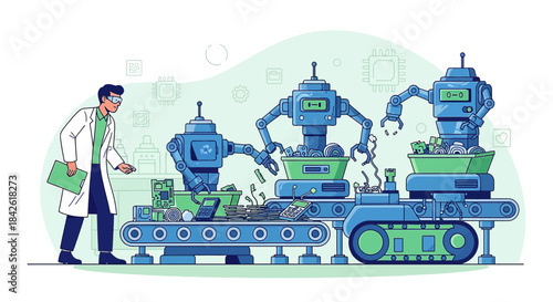 Futuristic robotic assembly line with human oversight, showcasing advanced automated manufacturing