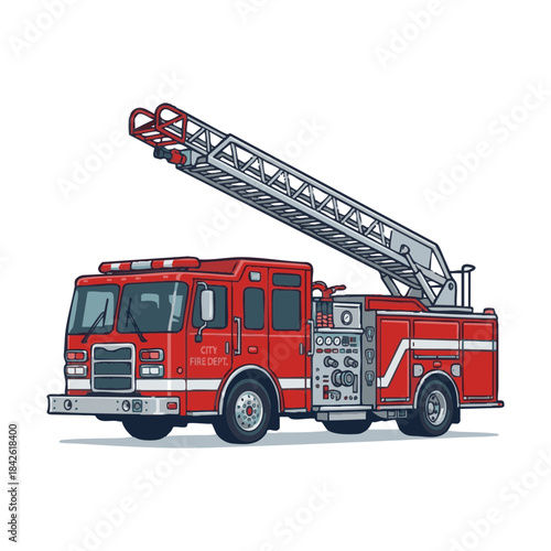 A vibrant illustration of a red fire truck with an extended ladder, ready for action in an urban setting