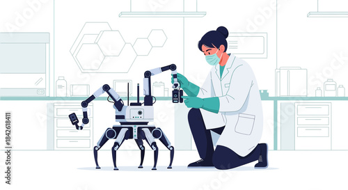 Futuristic robotics engineering: Scientist interacting with advanced mobile laboratory robot in a