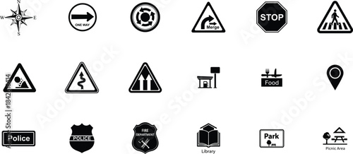 Collection of various warning and information signs in silhouette vector icons