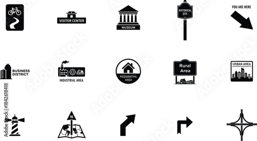 Collection of various directional and informational signs in silhouette vector