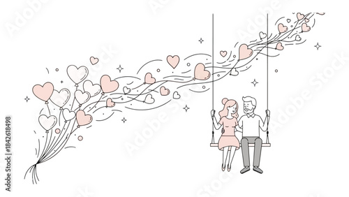 Romantic Couple on a Swing: An illustration showcasing a loving couple gently swinging together. Delicate heart balloons float nearby, forming a trail of affection and connection.