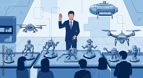 Futuristic Tech Presentation of Cutting-Edge Robots and Drones Displayed to an Audience