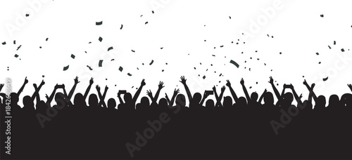 Silhouette crowd cheering, raised hands, falling confetti, mobile phones visible, celebration energy, unity in motion, concert atmosphere, public gathering, night event, joy