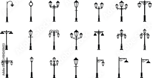 Street lamp silhouette set, urban lighting vector, vintage and modern styles, black icons, architectural elements, city design, outdoor decor
