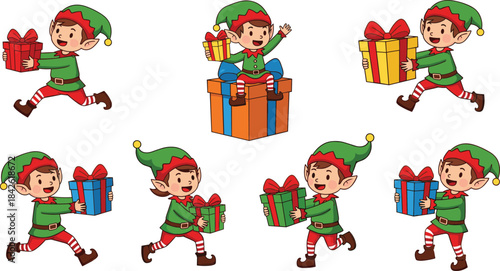 Christmas Elves Vector Illustration Set, Different Poses, Running, Sitting, Holding Gifts, Santa's Little Helpers, Happy Cartoon Characters, Festive Holiday Season