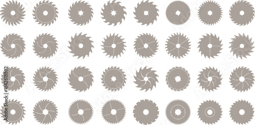 Circular Saw Blades Vector Illustration Set, Different Tooth Designs, Industrial Tool Elements, Woodworking Equipment, Cutting Discs Collection, Construction and Carpentry Icons