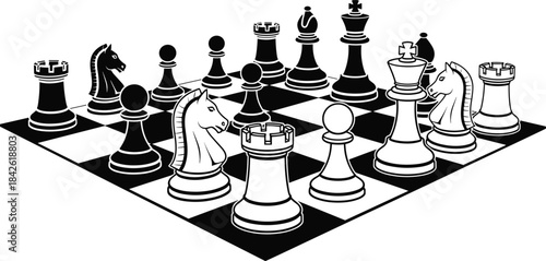 Chess Board with Pieces Vector Illustration, Black and White Strategic Game, King, Queen, Rook, Pawn, Intellectual Sport Activity Graphic Design