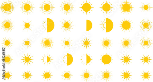 Sun icon collection, bright sunshine symbols, golden sunburst vector set, celestial solar artwork, decorative sunlight designs, minimal radiant element graphics