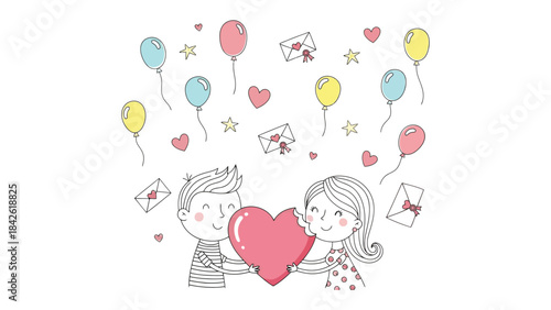 Love's Embrace: An illustration depicts two figures exchanging affection, cradling a heart and surrounded by romantic elements like balloons, love letters, and stars.