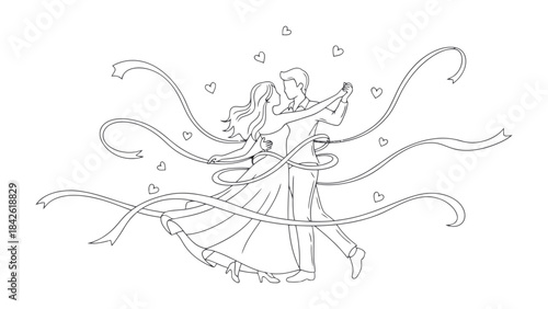 Love's Embrace: An Illustration of a Couple Dancing Amidst Hearts and Ribbons, Symbolizing Unity and Romance.