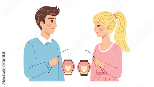 Couple in Love Holding Lanterns: A tender scene depicts a loving couple, illuminated by the gentle glow of lanterns adorned with heart symbols, sharing a moment of intimacy and affection. 