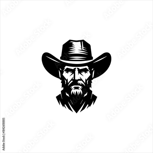 Cowboy head silhouette formed into a clean black vector emblem design. Western character concept