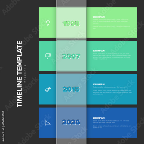 A modern vertical timeline infographic design featuring colorful rectangular elements. This timeline infographic template is perfect for presenting chronological information clearly and vibrantly.
