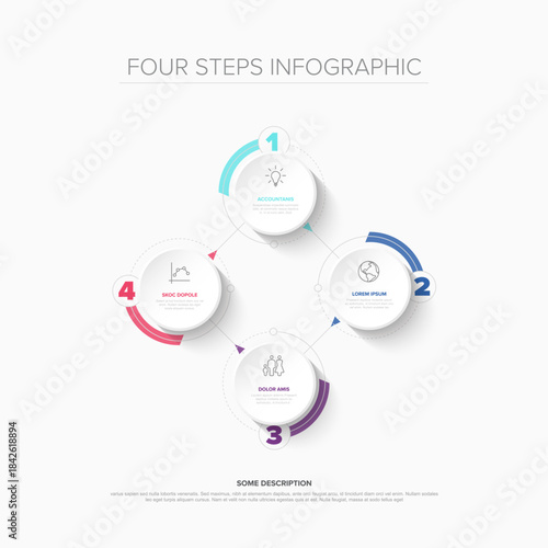 A clean four-steps infographic diagram showcasing a business process across four circular steps. This four-steps infographic visually represents sequential steps or stages in a process.