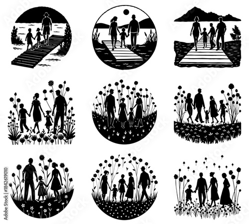 Family silhouette of mom dad and son walking together in black vector style