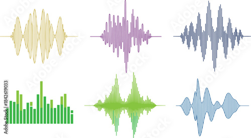 Colorful Sound Waveforms and Audio Equalizers Set, Music Signal Visualization, Voice Wave Vector Graphic, Technology Elements for Media and Entertainment