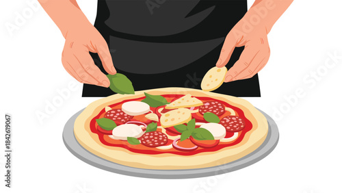 A person adding basil leaves and cheese to a pizza on a plate