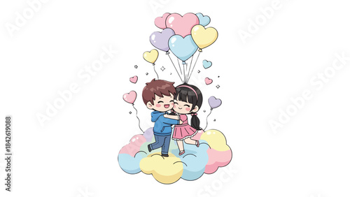 Sweethearts' Ascent: A cute couple, embracing amid whimsical heart-shaped balloons, embarks on a flight of love, floating in a dreamscape of pastel clouds.