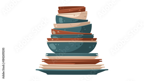 A stack of colorful plates and bowls in teal, red, and white hues