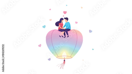 Love's Illuminated Ascent: A tender couple shares an intimate moment, seated atop a heart-shaped lantern as it gently floats upwards. Symbolizing dreams, love, and a hopeful future. 