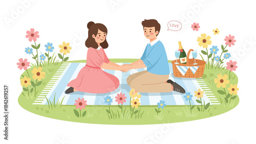 Romantic picnic illustration: A couple sits intimately on a picnic blanket, surrounded by blooming flowers, sharing a moment of tenderness with a picnic basket. 