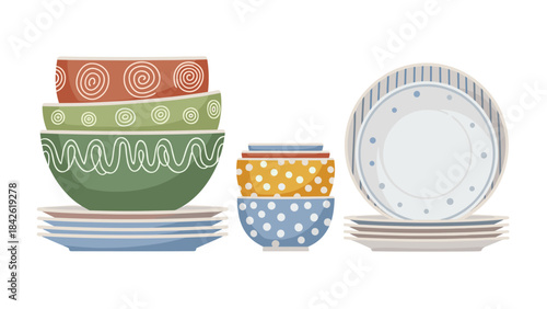 Colorful stack of plates and bowls with various patterns