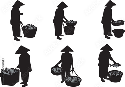 Silhouette fish market vendors, traditional Asian street sellers, people selling seafood, marketplace workers with baskets, fisherman trade, cultural lifestyle illustration