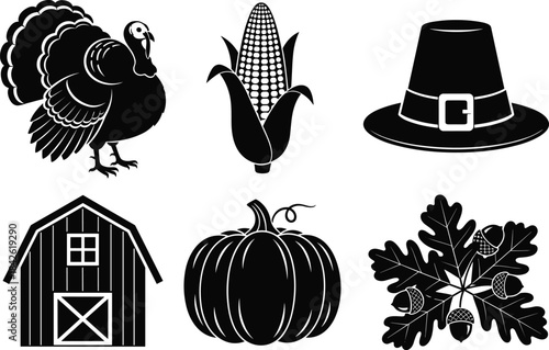 Thanksgiving icon set, turkey silhouette, corn, pilgrim hat, pumpkin, barn, autumn leaves and acorns, harvest festival elements illustration collection