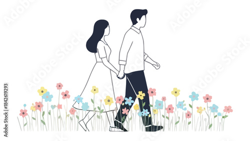 Love's Gentle Stroll: A couple embarks on a shared journey through a vibrant meadow, symbolizing unity and togetherness in their blossoming relationship. 